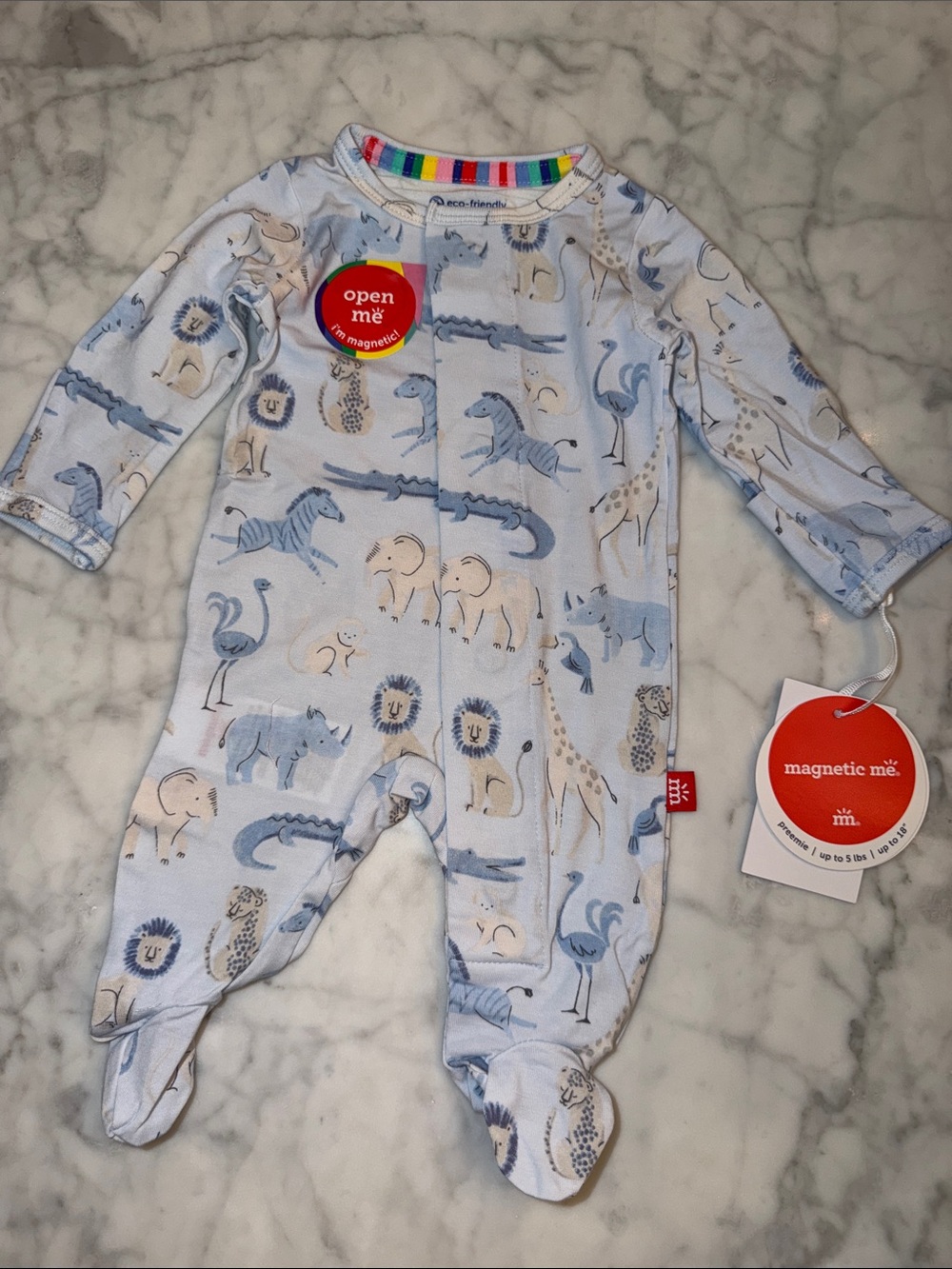 NWT Magnetic Me Modal Light Blue Safari Animal Footed One-Piece Preemie